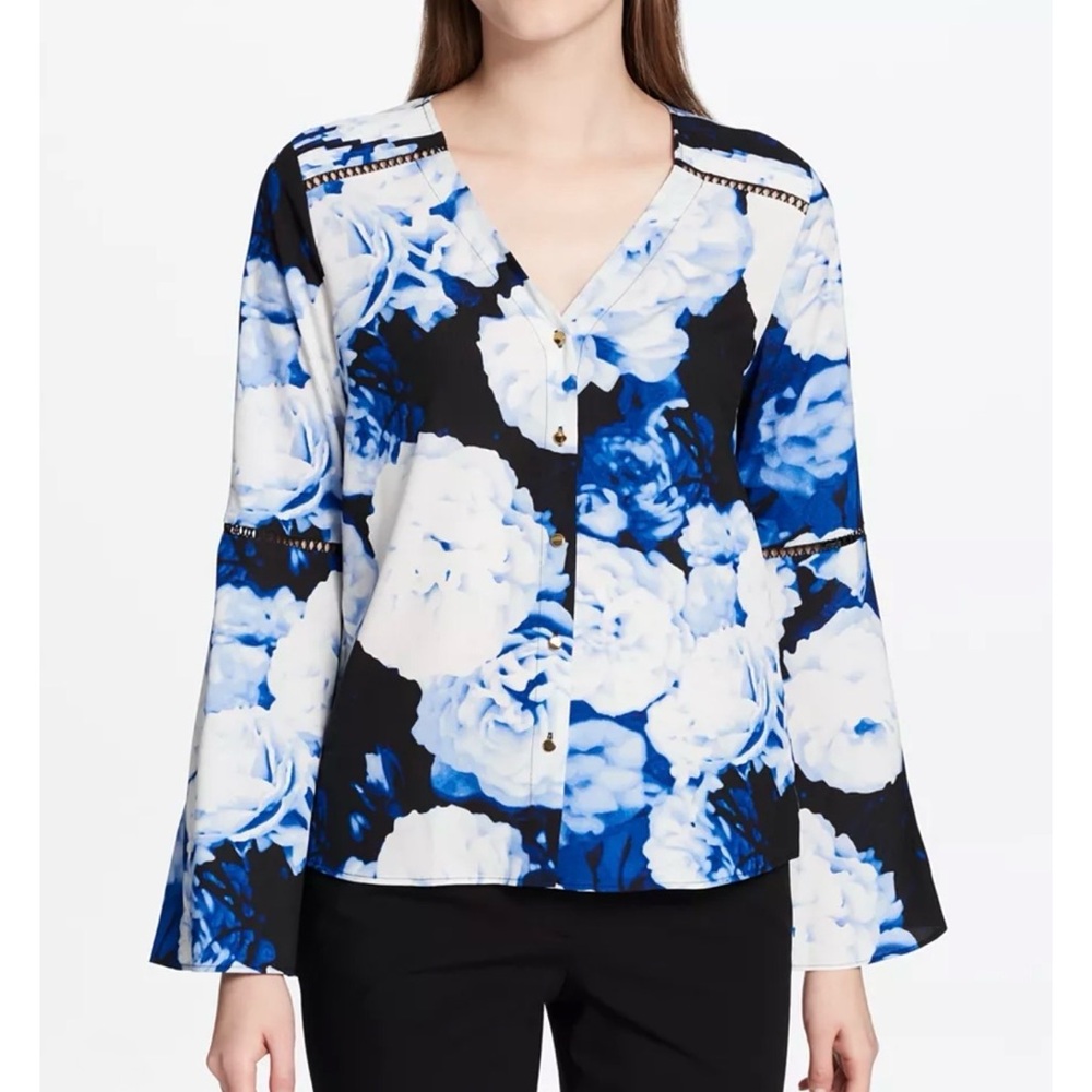 Calvin Klein NWOT Floral-Print Bell-Sleeve Blue and White Floral Blouse